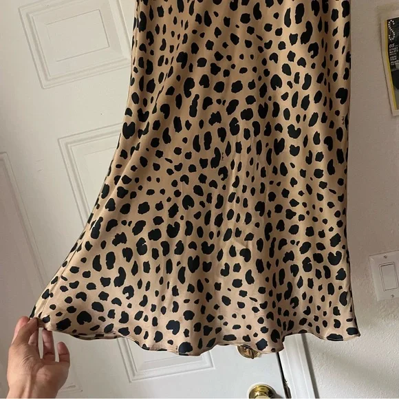 REALISATION PAR tan black leopard cheetah silk elastic waist midi skirt